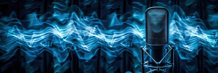 Vocal microphone with soundwaves on wide banner for podcasting and audio recording (singing, speaking, etc) 