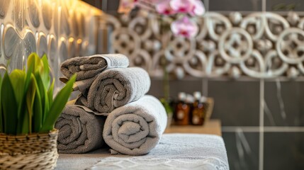 A modern spa salon's massage room, towels and freshly cut flowers adorn the serene space, creating an atmosphere of relaxation and rejuvenation.