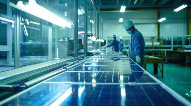 An image of a solar panel factory where workers handle sheets of advanced glasslike material used to construct the panels. . AI generation.