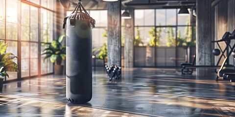 Boxing gym interior. Empty with punching bag hanging from ceiling  - obrazy, fototapety, plakaty