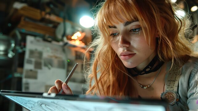 A young beautiful woman sitting in art studio, taking colorful paints from tube while creating great masterpiece on easel, being preoccupied with her work, having nice imagination
