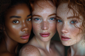Close up fashion portrait three different races women hugging, black African American and white redhead with freckles touching their heads faces to each other diversity concept commercial advertising - obrazy, fototapety, plakaty