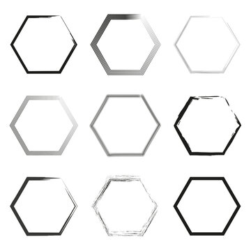 Collection of hexagon frame designs. Set of geometric shapes with various line styles. Vector illustration. EPS 10.