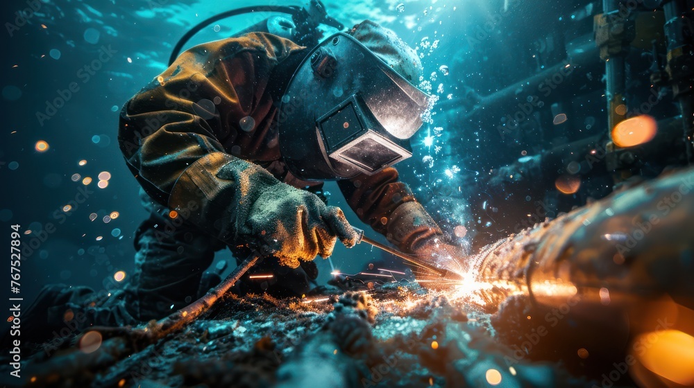 Wall mural underwater welders working at sparks turn on lights on the seabed to repair submerged structures. un