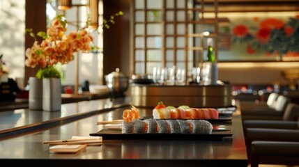 Gourmet sushi meal set against the backdrop of an elegant Asian-inspired dining room