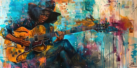 Black female musician playing electric guitar with abstract colorful background