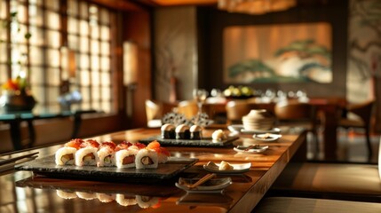 Gourmet sushi meal set against the backdrop of an elegant Asian-inspired dining room