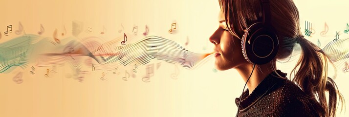 Woman listening to headphones with audio waves and music notes  - obrazy, fototapety, plakaty