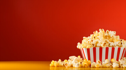 Popcorn on red background copy space for text, Generative Ai 