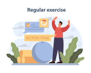 Regular Exercise snapshot. An individual celebrates an active lifestyle with fitness equipment.