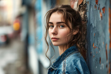 Fototapeta premium portrait of a beautiful young woman in a blue denim shirt