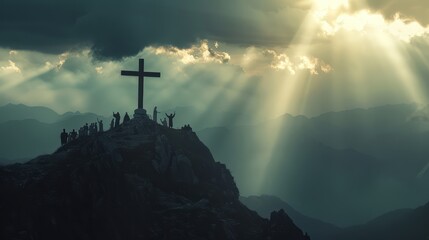 A Easter cross with white linen on the background of dark clouds illuminated with rays of light. The silhouettes of a group of people setting up a cross on a high mountain peak in the warm sunshine. - obrazy, fototapety, plakaty