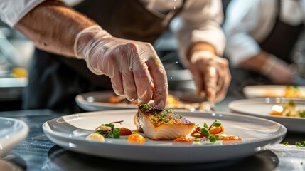Obraz na płótnie Canvas High-end kitchen mastery where professional chefs craft exquisite sea bass specialties