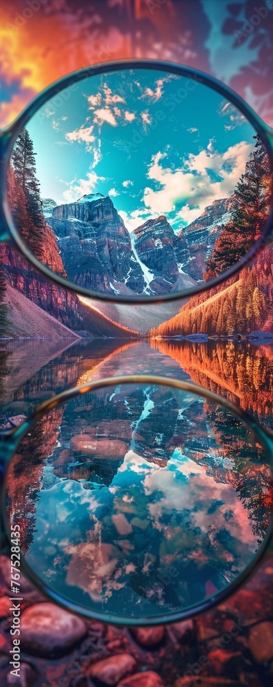 Poster design a captivating image showcasing a panoramic view through glasses, transforming the world into 