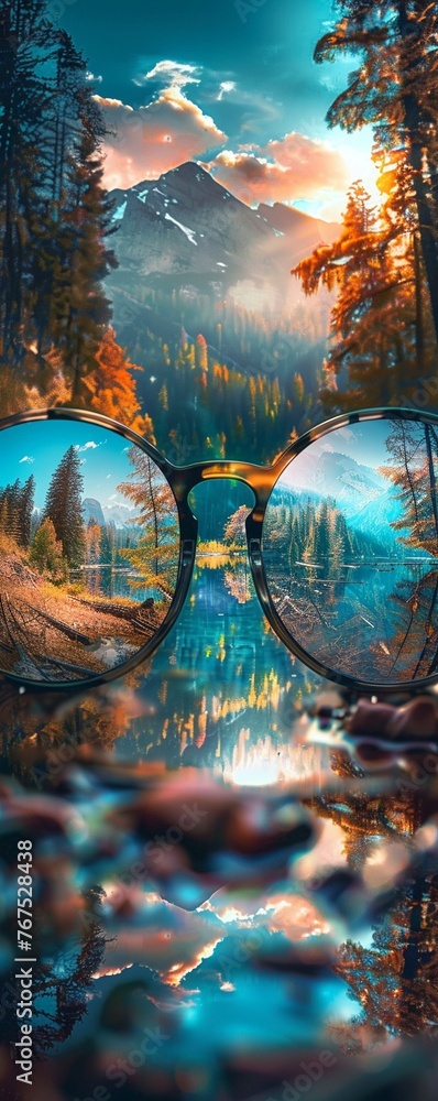 Poster design a captivating image showcasing a panoramic view through glasses, transforming the world into 