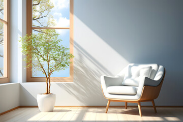 sunlit room with an armchair and a large growing flower. room interior