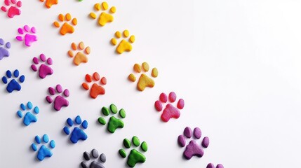 A footprints, paw print path Dog paws. Kitten. Paw prints of bright colors of animals, silhouettes on a white background.