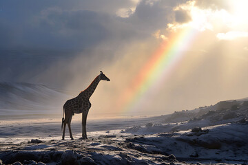 giraffe in the African savanna in the sunlight with a rainbow. mammals and wildlife - obrazy, fototapety, plakaty