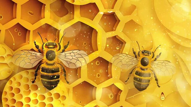 paper cut style posters with bee and honeycomb. seamless looping overlay 4k virtual video animation background