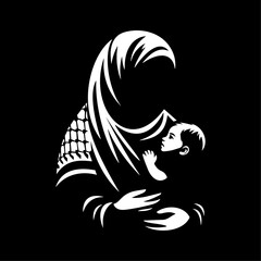 Silhouette of Love: A Palestinian Mother and Child Embracing, Captured in Elegant Black Silhouette Against a Flat Background.