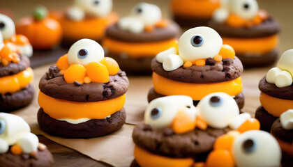 A dessert with chocolate cookies, orange mascarpone cream, and marshmallows shaped like monsters