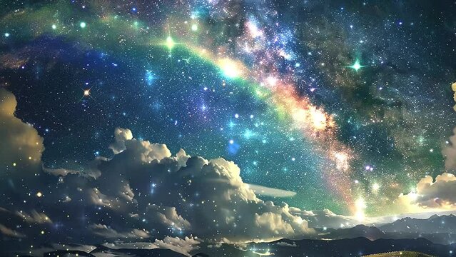 beautiful clouds stars and rainbow. seamless looping overlay 4k virtual video animation background