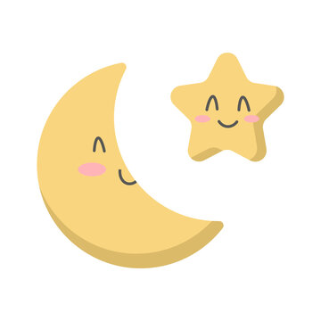 Smiling crescent moon and star icon. Cute celestial illustration. Sleepy night sky characters. Friendly bedtime symbols. Vector illustration. EPS 10.
