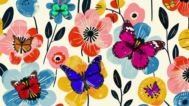 white background with seamless repeating flower border blue purple orange. seamless looping overlay 4k virtual video animation background