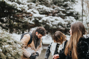 Young professionals braving a snowfall together in a winter scene.