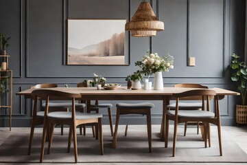 Wooden chairs at table with vase and flowers in grey dining room interior with poster.