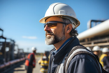 male worker in a protective helmet and overalls works in production. industrial industry