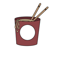 A red cup with ready-to-eat noodles.