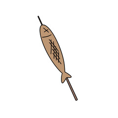 A stick with a fish on it. The fish is brown and has a black eye. The stick is thin and long