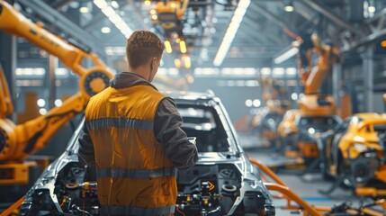 Fototapeta premium A car factory engineer stands and watches the assembly of cars with robots.