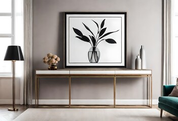 Stylish living room interior design with console and mock up poster frame. Lamp, vase and elegant personal accessories