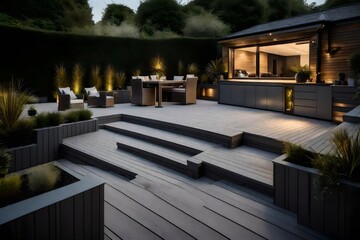Composite decking in ash grey with two levels deck lights and ideal for a landscape gardener 