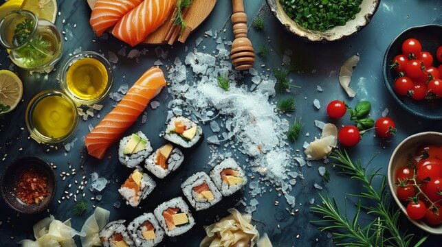 Sushi rolls next to their ingredients