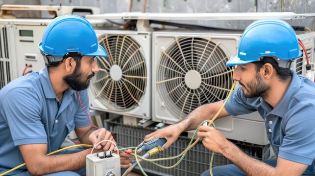 Two industrial air conditioning technicians are connecting wires, servicing the air conditioner.