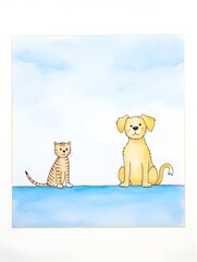 Imaginative Canine and Feline Companions in Vibrant Watercolor Dreamscape