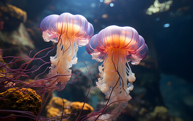 tropical brightly colored jellyfish in the warm waters of the sea. Undersea world.