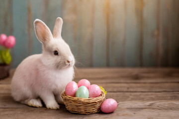 cute little pale pink easter bunny sitting next to a basket of easter eggs