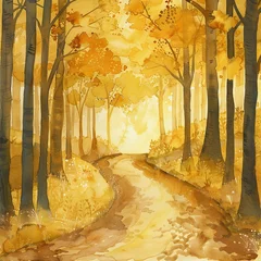 Foto op Plexiglas A gold watercolor pathway leading through an enchanted forest © sticker2you