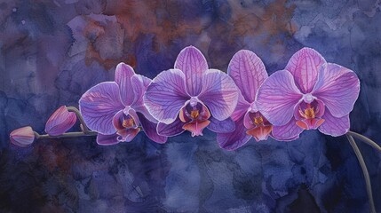 Deep violet orchid watercolor richness velvety texture dramatic elegance shadowed setting