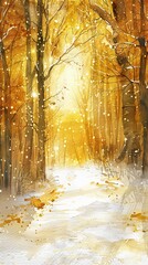 A tranquil gold watercolor winter scene where snow meets golden light in a quiet