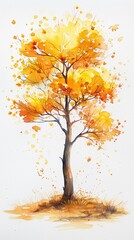 Ancient tree with golden leaves in watercolor