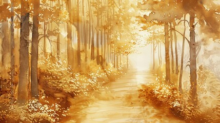 Enchanted forest path in gold watercolor