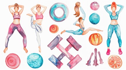 Fun fitness stickers in watercolor energetic workouts