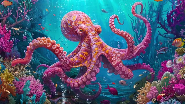 digital painting of a cheerful cartoon octopus swimming. underwater scene background illustration. seamless looping overlay 4k virtual video animation background