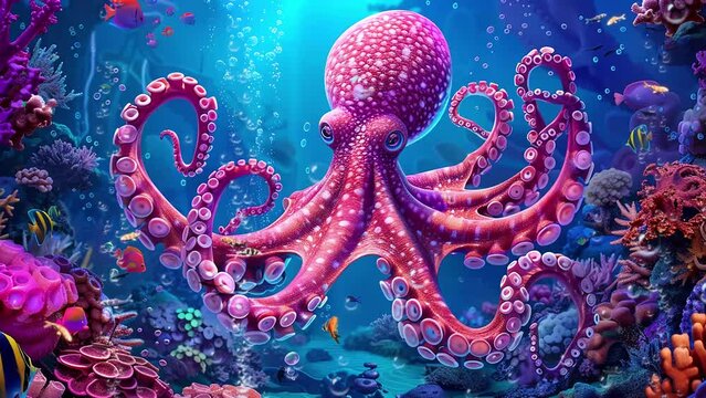 digital painting of a cheerful cartoon octopus swimming. seamless looping overlay 4k virtual video animation background
