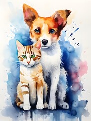 Colorful Watercolor Painting of Playful Canine and Feline Companions